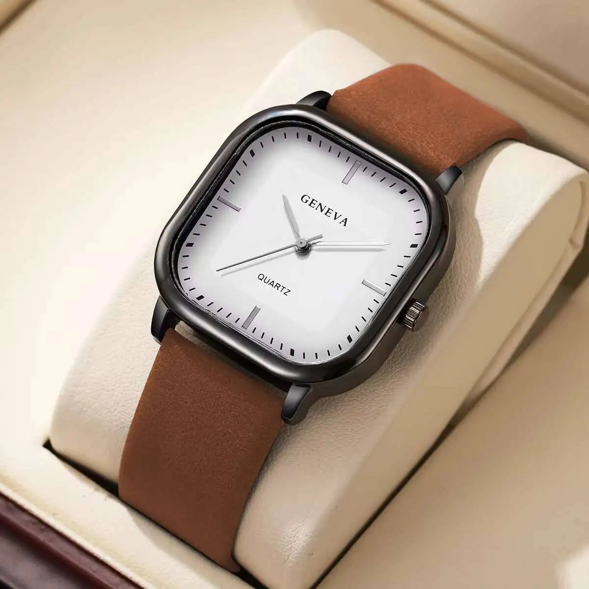 2026 2026 New Simple Belt Style Square Men's Watch Men's Watch Quartz Watch Qme Brown White No Box