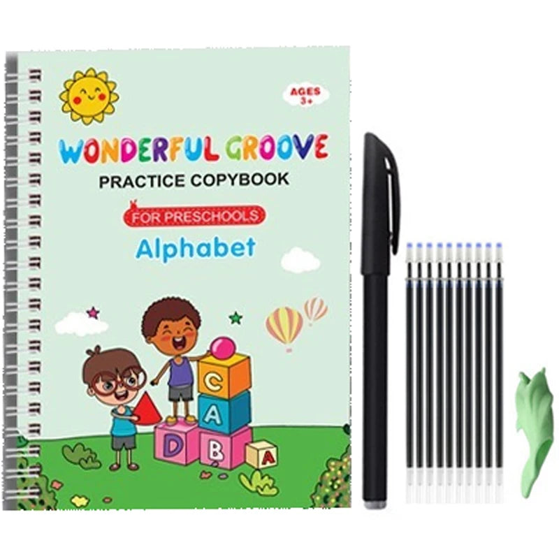Copybook Reusable Disappearing Ink Writing Book 4-Pack Preschool Calligraphy Practice Set with Pen & Grips Free Wiping Qme