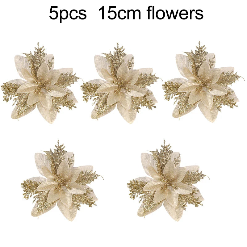 5-20pcs Sparkling Red Golden Silver Poinsettia Artificial Flowers Christmas Tree Ornaments for Xmas New Year party Decoration Qme