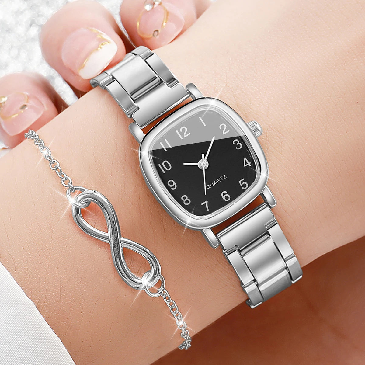 2PCS Fashion Square Arabic Dial Women Quartz Wristwatch Ladies Alloy Strap Watch With Bracelet Reloj Mujer (Without Box) Qme