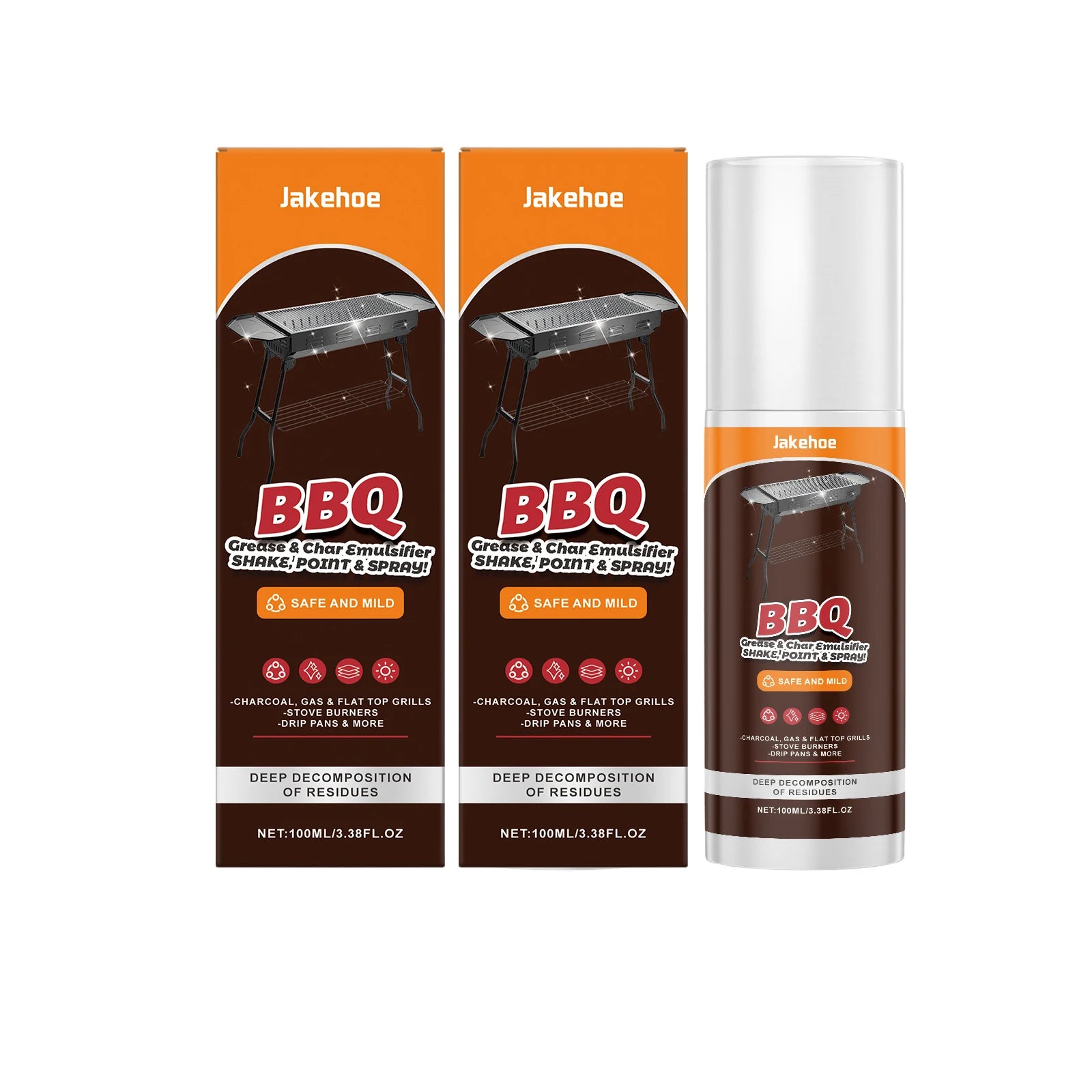 JAKEHOE BBQ Grill Cleaner Spray Dissolve Oil Stains Remove Burnt-On Food Fast-Acting BBQ Cleaning Solution Heavy-Duty Degreaser Qme 2 x 100ml Boxed
