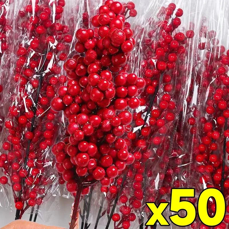Christmas Artificial Red Berries Branch Fake Plants Flowers Holly Berry Stamen Wreath Ornaments for Xmas Tree Party Home Decor Qme