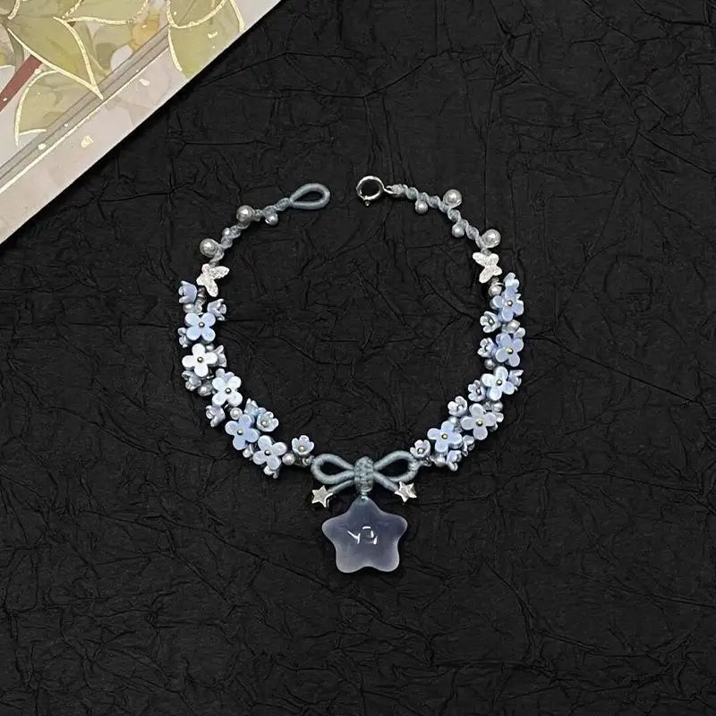 Blue Flower Braided Bracelet With Star Butterfly And Faux Pearl Accents Perfect For Daily Wear Gift For Girls Fashion Jewelry Qme