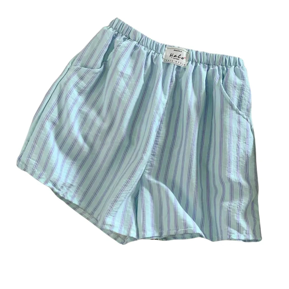 All Match Spring Summer Casual Shorts Women Baggy Chic Stripe Short Pants High Waist Elastic Waistband Thin Loose Shorts Girls Qme Green-Purple One Size