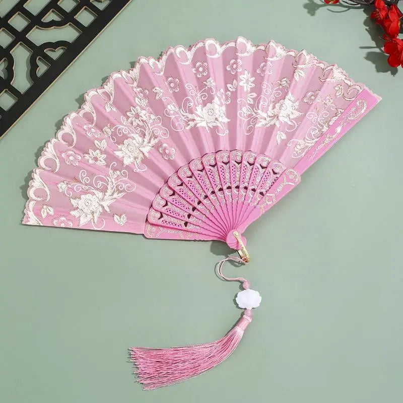 Gold Powder Plastic Fan Art Craft Home Decor Vintage Folding Chinese Qme A3