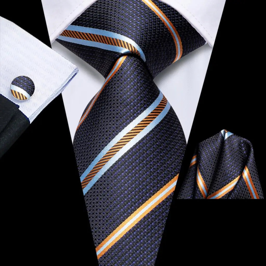 Hi-tie Striped Navy Blue Mens Fashion Necktie Handkerchief Cufflinks