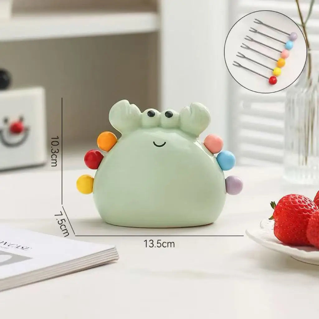 Cute Crab Shape Stainless Steel Fruit Fork Ceramic Storage Jar Safe Qme green