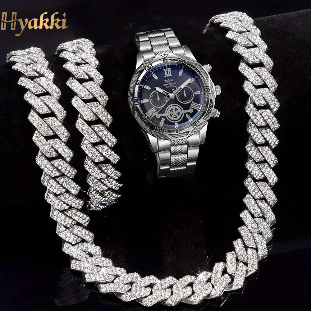 Men's quartz watch and frozen Cuban chain necklace set, 3-piece set, fashionable business watch, father plot gift Qme Coffee