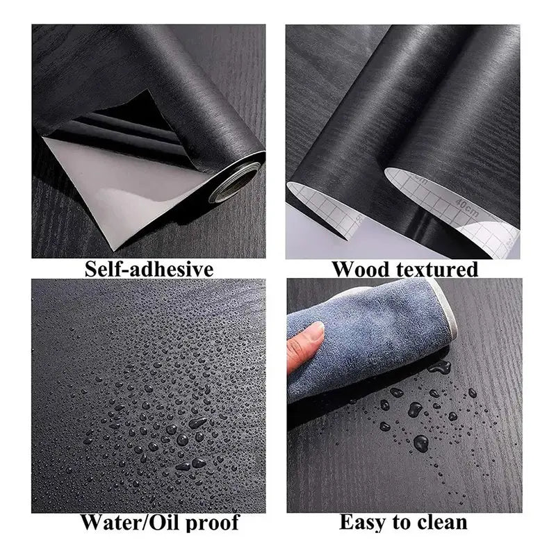 40cm Black Wood Grain Simple Waterproof Home Decoration Oil Resistant Kitchen Cabinet Kitchen Desktop Self-Adhesive Wallpaper Qme