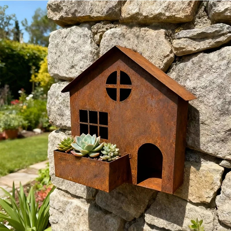 Rustic Metal House Planter Pot for Succulent Vintage Farmhouse Garden Decor Flower Decor Outdoor Patio Porch Yard Art Qme