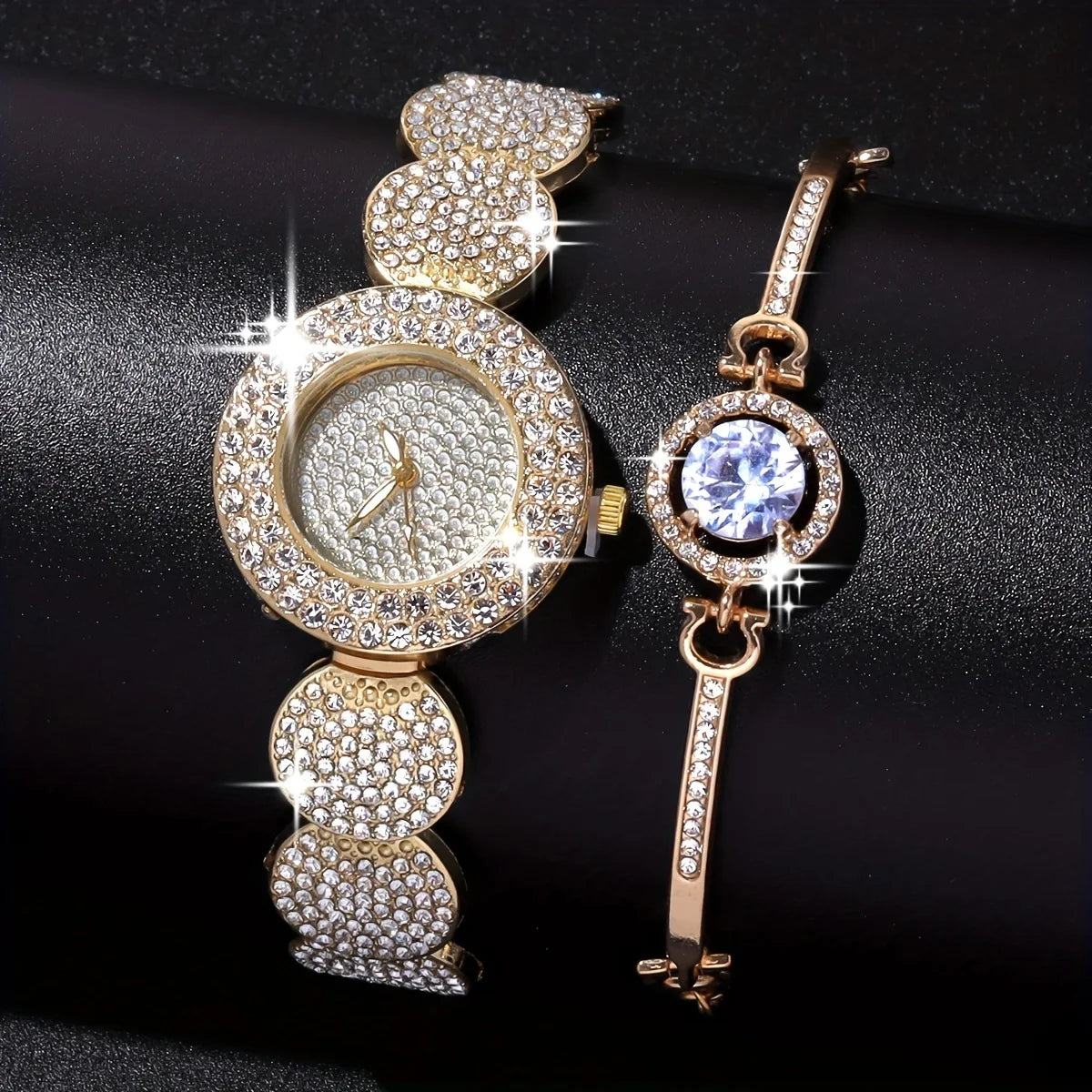 2pcs/set Women's Watch Luxury Rhinestone Quartz Bracelet Watch Stainless Steel Bangle Cuff Watch & Bracelet, Gift For Mom Her Qme Gold
