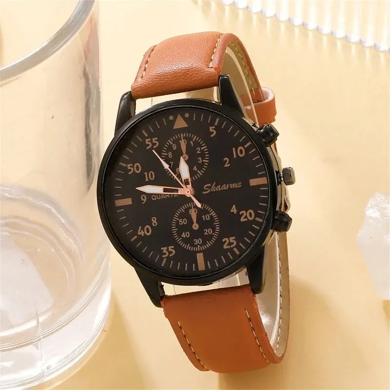 2026 4pcs/5pcs Men's leather strap watch, high-end Hong Kong style fashion watch, business binocular watch set Qme