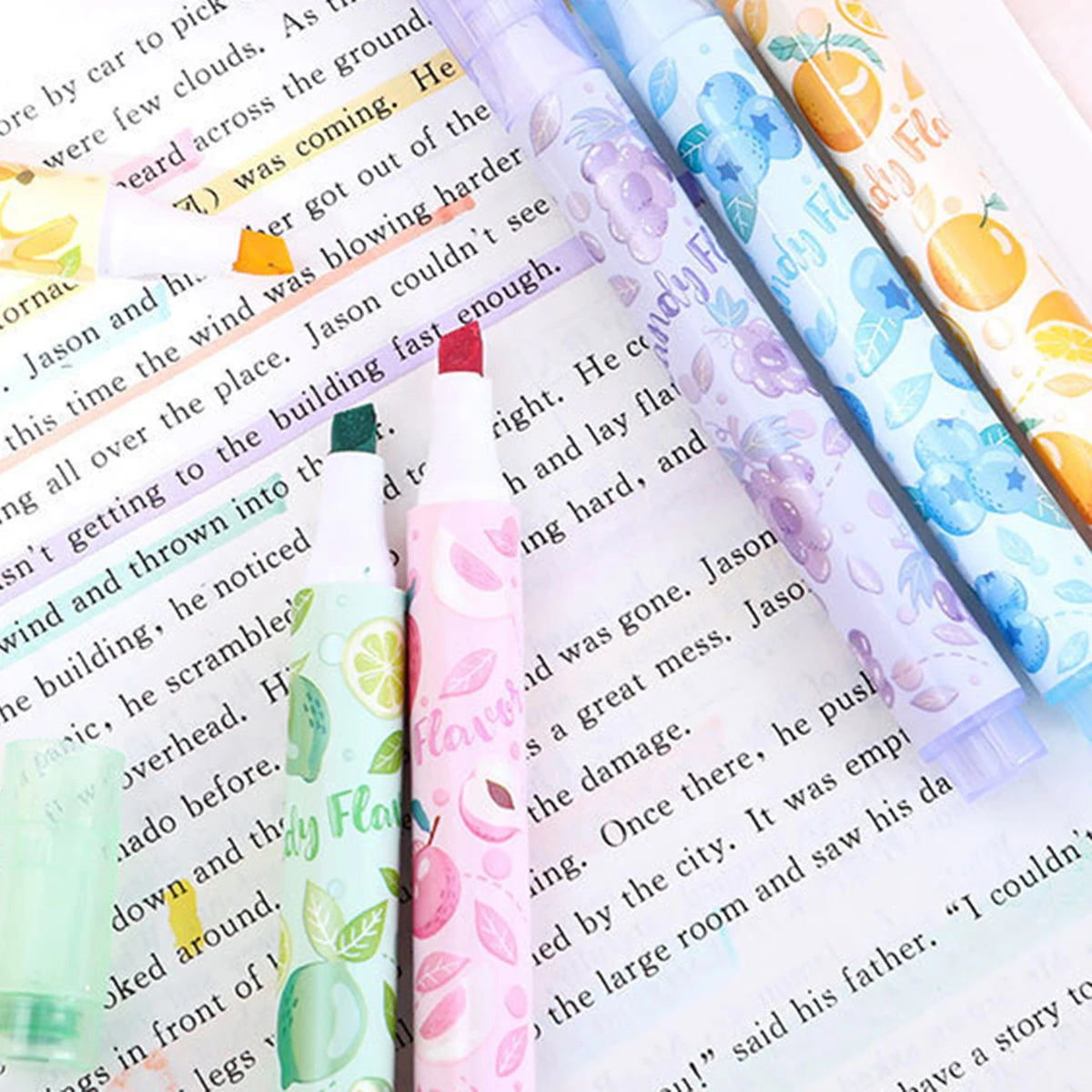 6 Colors Stamp Fruit Candy Aroma Seal Highlighter Set, Chisel Tip, Marker Pen Pastel Assorted Colors for Cute Kawaii Stationery Qme