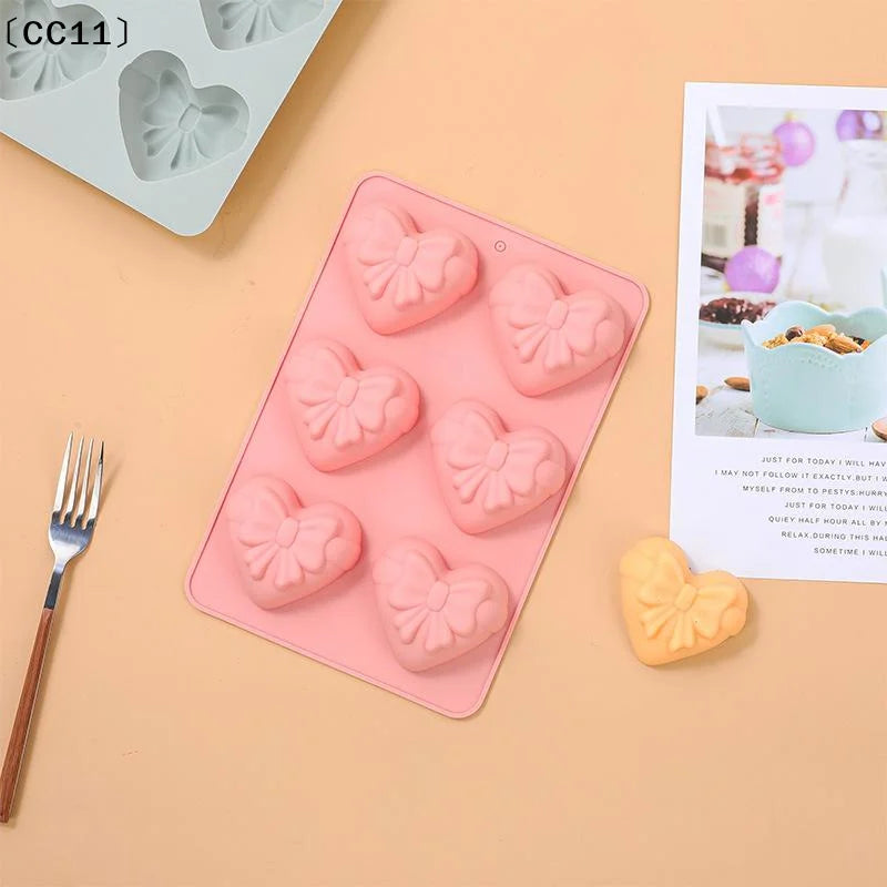 6 Cavities Heart Bow Shape Silicone Baking Mold Love Chocolate Candy Qme