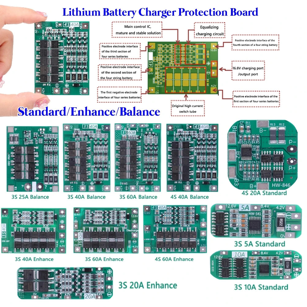 2S 3S 4S 20A 40A 60A Li-ion Lithium Battery Charger Protection Board 18650 BMS Drill Motor 11.1V 12V/14V 16.8V Enhance/Balance Qme
