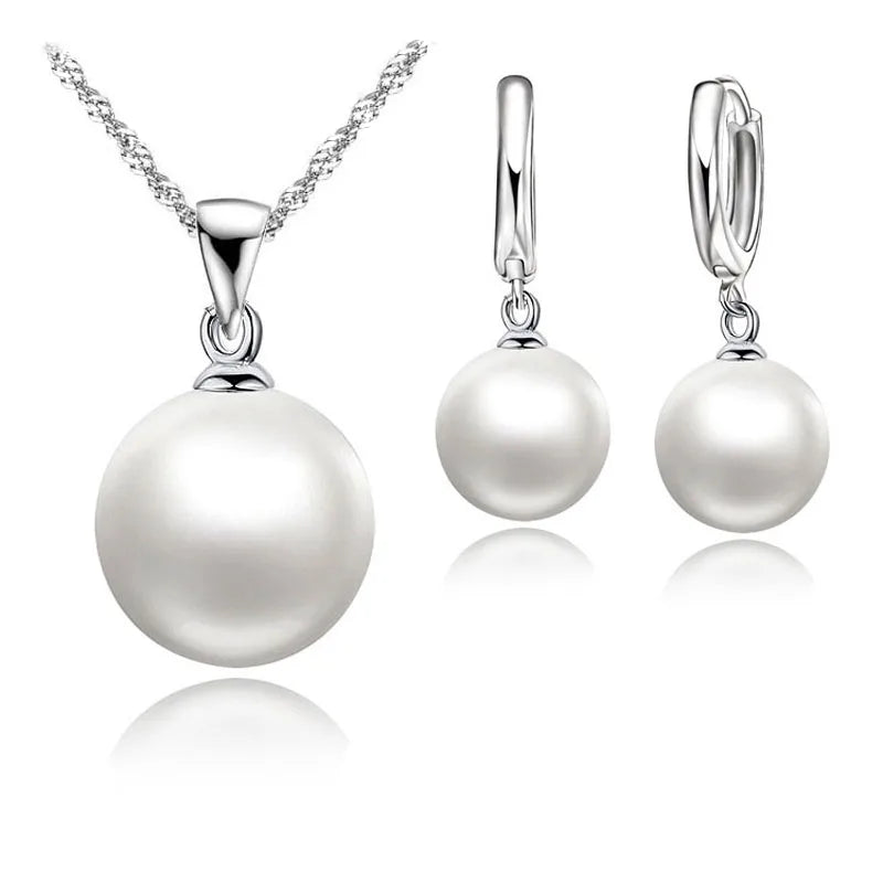 Smooth Women Wedding Jewelry Sets 925 Sterling Silver Color Pearl Necklace Hoop Earrings Fashion Jewellery Gift Accessories Qme