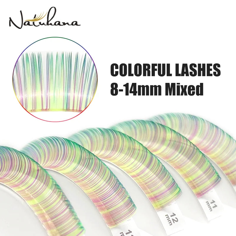 NATUHANA Colored Individual Lash Clusters Rainbow Mix 8- Soft Qme Yellow - Lashes C 0.07mm|8-14 Mixed