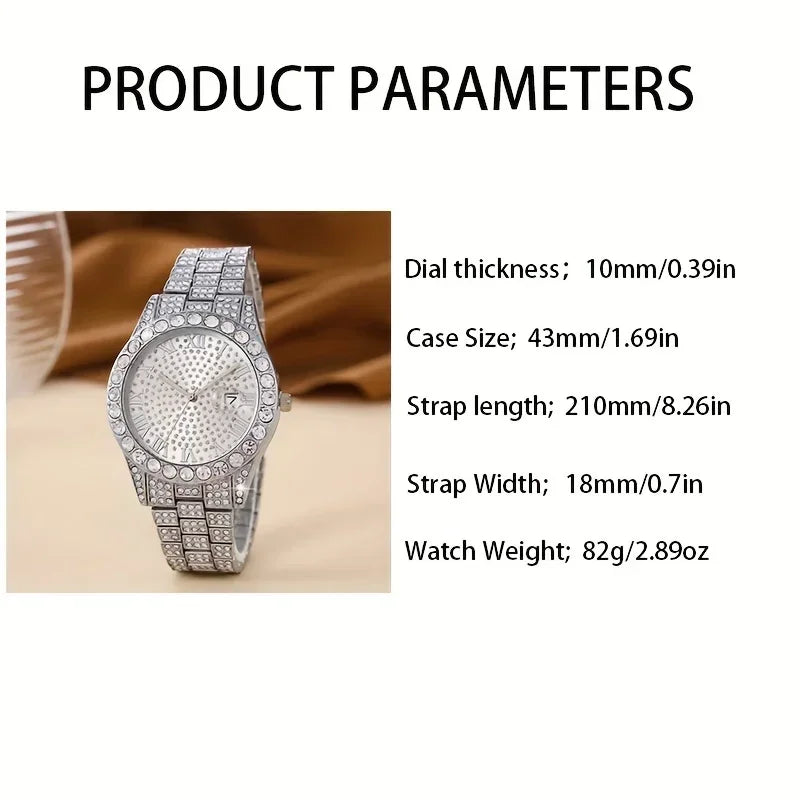 2pcs/set, Rhinestone Studded Calendar Ladies Quartz Watch And 1pc Rhinestone Jewelry Set Qme