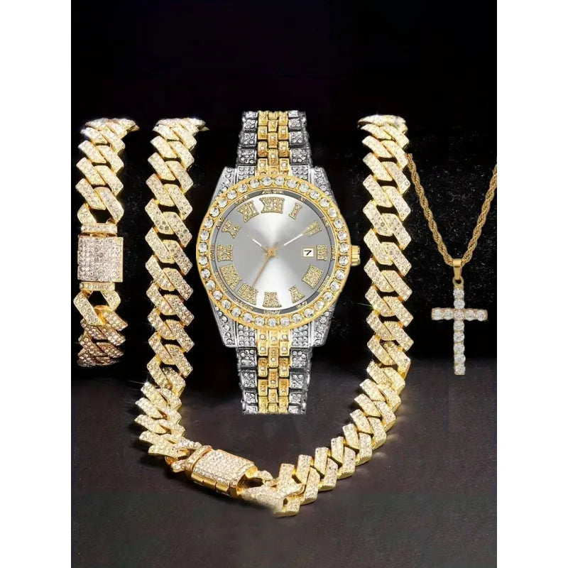 4-in-1 Hip Hop Jewelry Set for Men, Two-tone Iced Out Watch + Cuban Link Chain + Bracelet + Cross Necklace, Gold Silver Tone Qme Pink