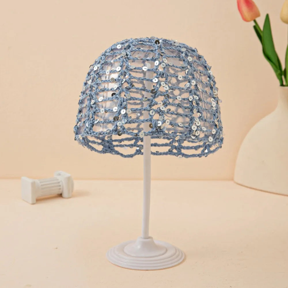Retro Elegant Hollowed Out Knitted Hat Thin Solid Crochet Sequined Qme Blue