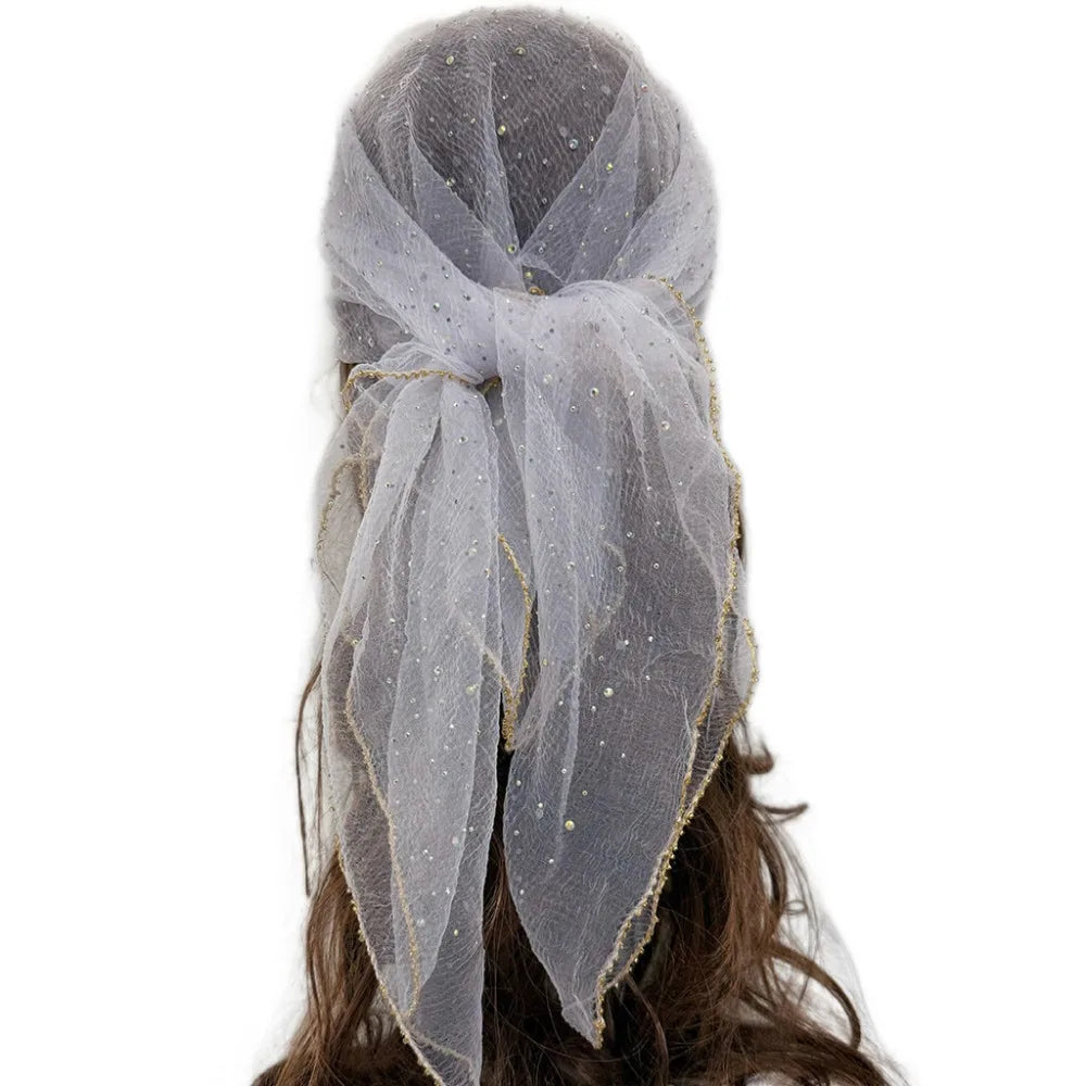 Sparkle Hotfix Rhinestone Square Scarf Sequin Thin Mesh Bandana Qme White