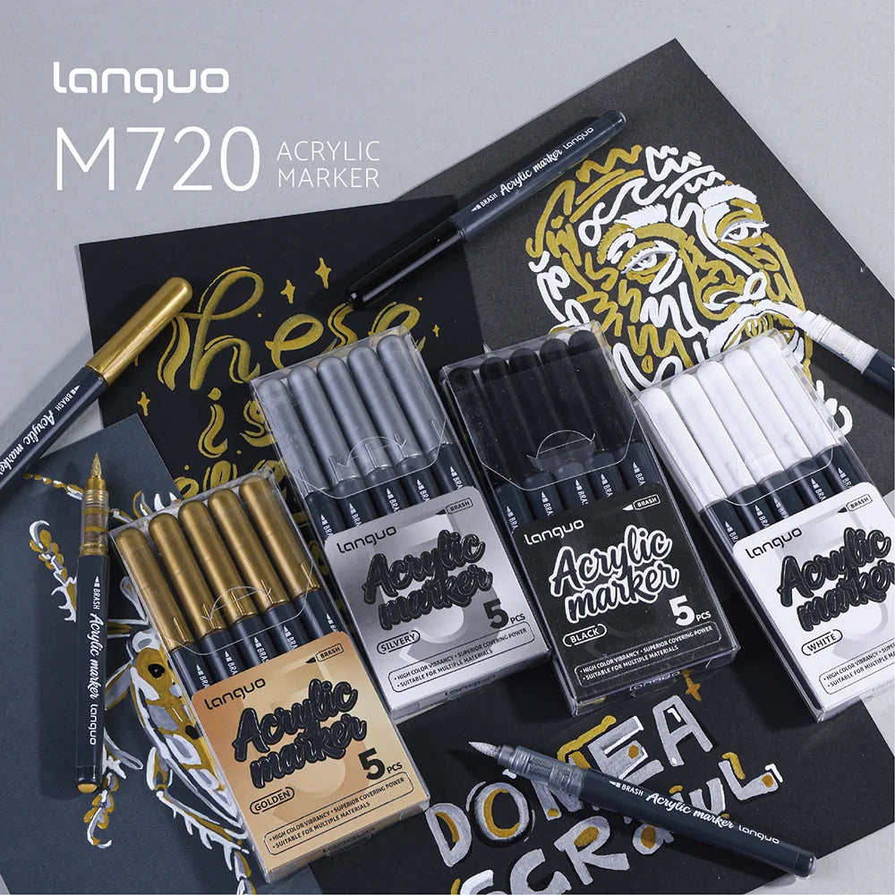 5 Count High Gloss Liquid Acrylic Permanent Marker,Black/White/Gold/Silver, Waterproof, for DIY Craft Painting Multi-Surface Qme