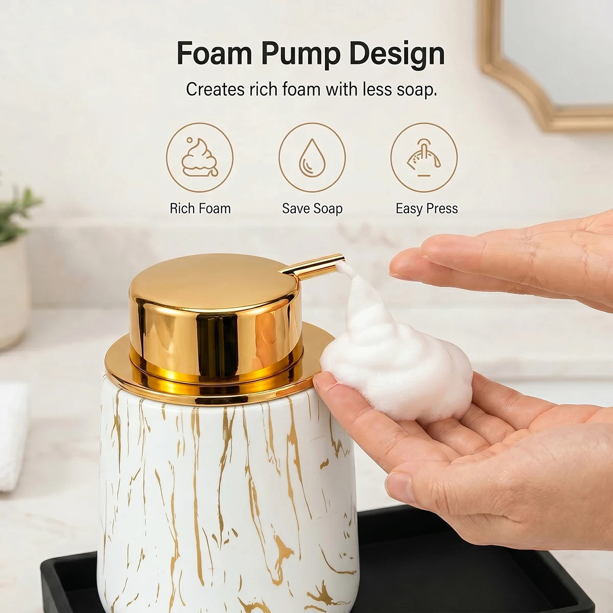 Luxury White Marble Bathroom Accessories Set Foaming Soap Dispenser Toothbrush Holder Unbreakable Plastic Gold Decor Vanity Set Qme