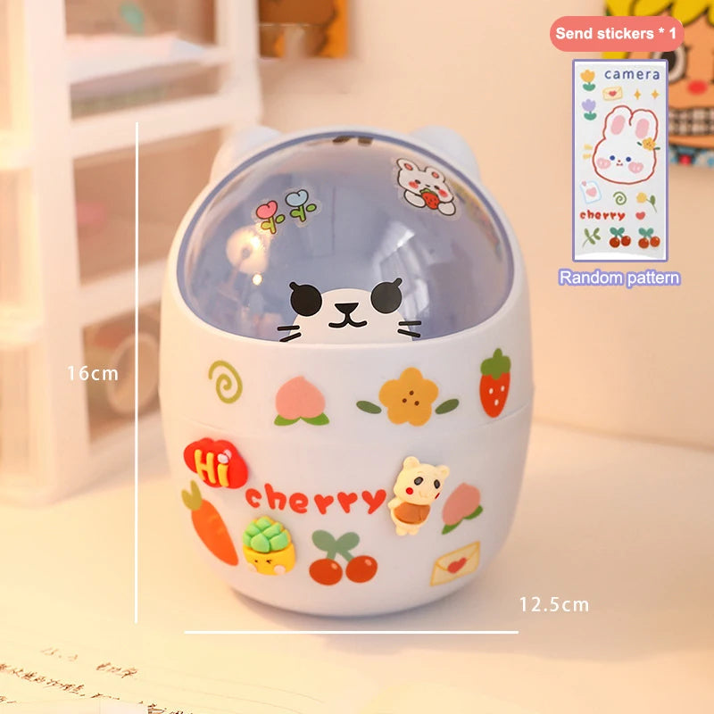 Lid Trash Can Small Pen Holder Give Sticker Mini Kawaii Bedroom Desk Qme 16CM blue