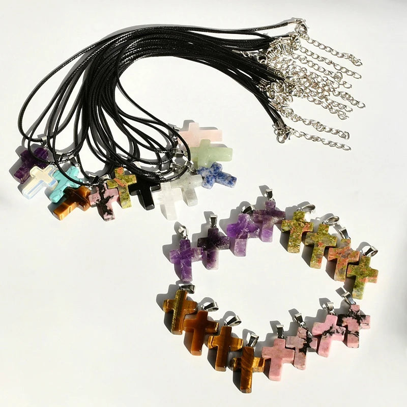 Natural Stone Cross Pendant Necklace, Colorful Punk Rock Style, Street Cool Vintage Y2K Goth Hip Hop Jewelry for Men and Women Qme