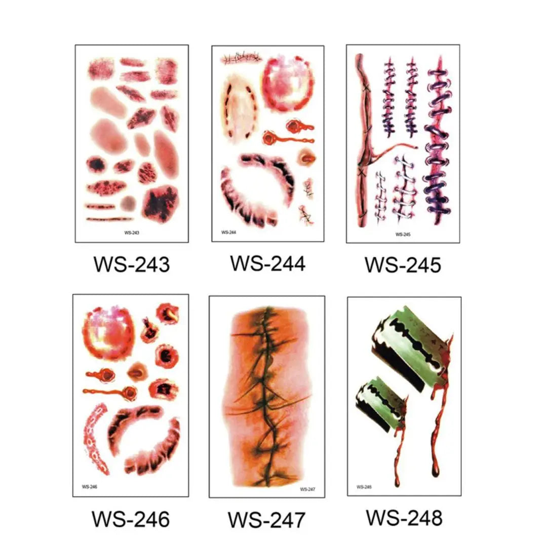 A 6Pieces Horror Wound Temporary Tattoos Waterproof Realistic Blood Tattoo Injury Scar Tattoo Stickers for Face Qme WS-243-248