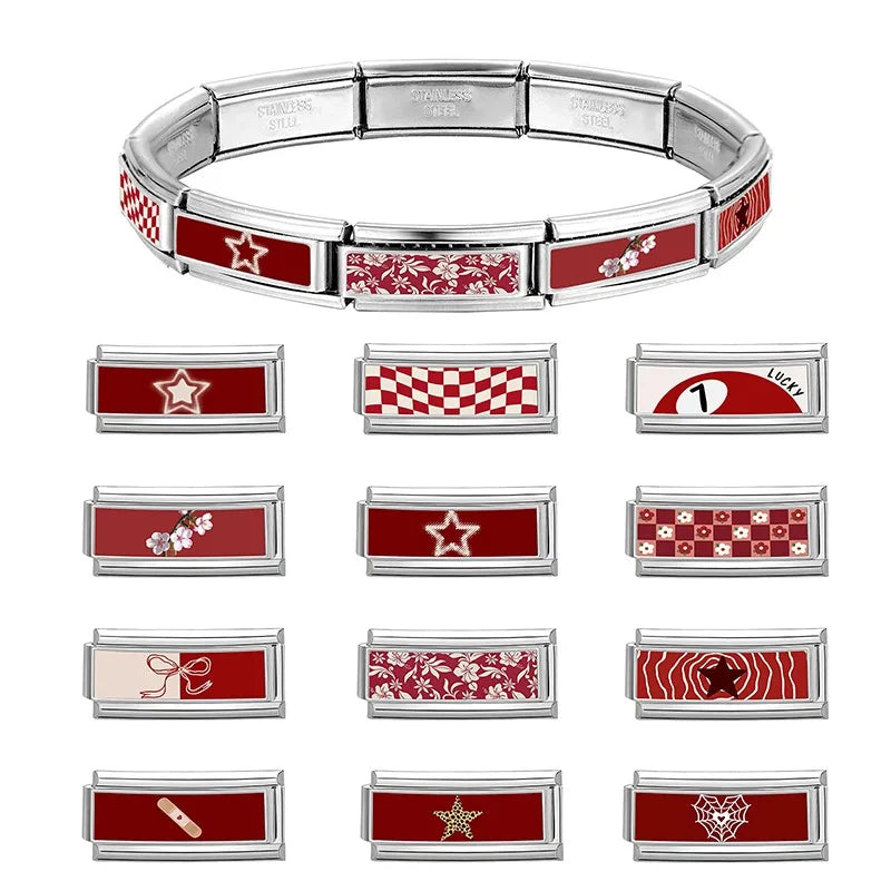 Fashion Personalized DIY Red Color Italian Charm Bracelet Stars Grids Bow Spider Web Bead 9mm Bracelet Stainless Steel Jewelrys Qme