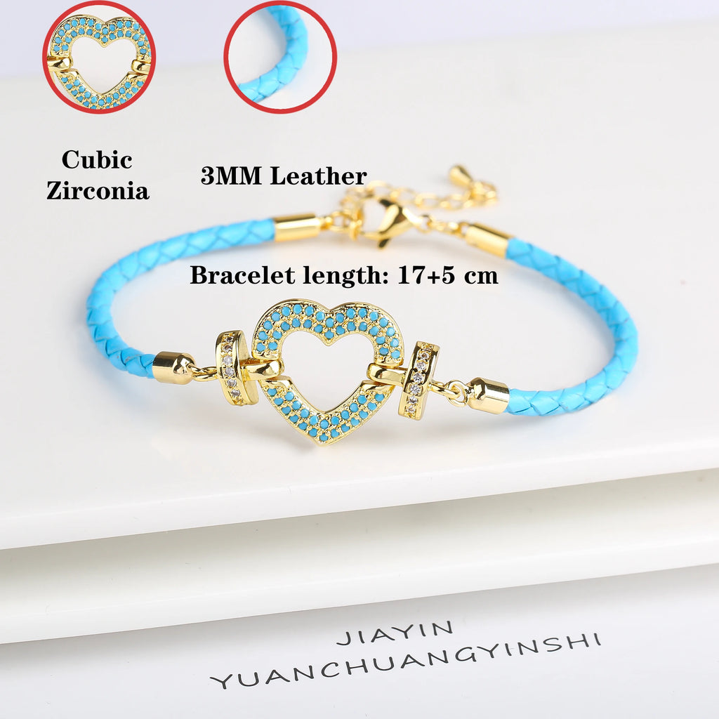 Genuine Leather Rope Braided Heart Shape Zirconia Ladies Bracelet Temperament for Women Girls Party Wedding Jewelry Holiday Gift Qme