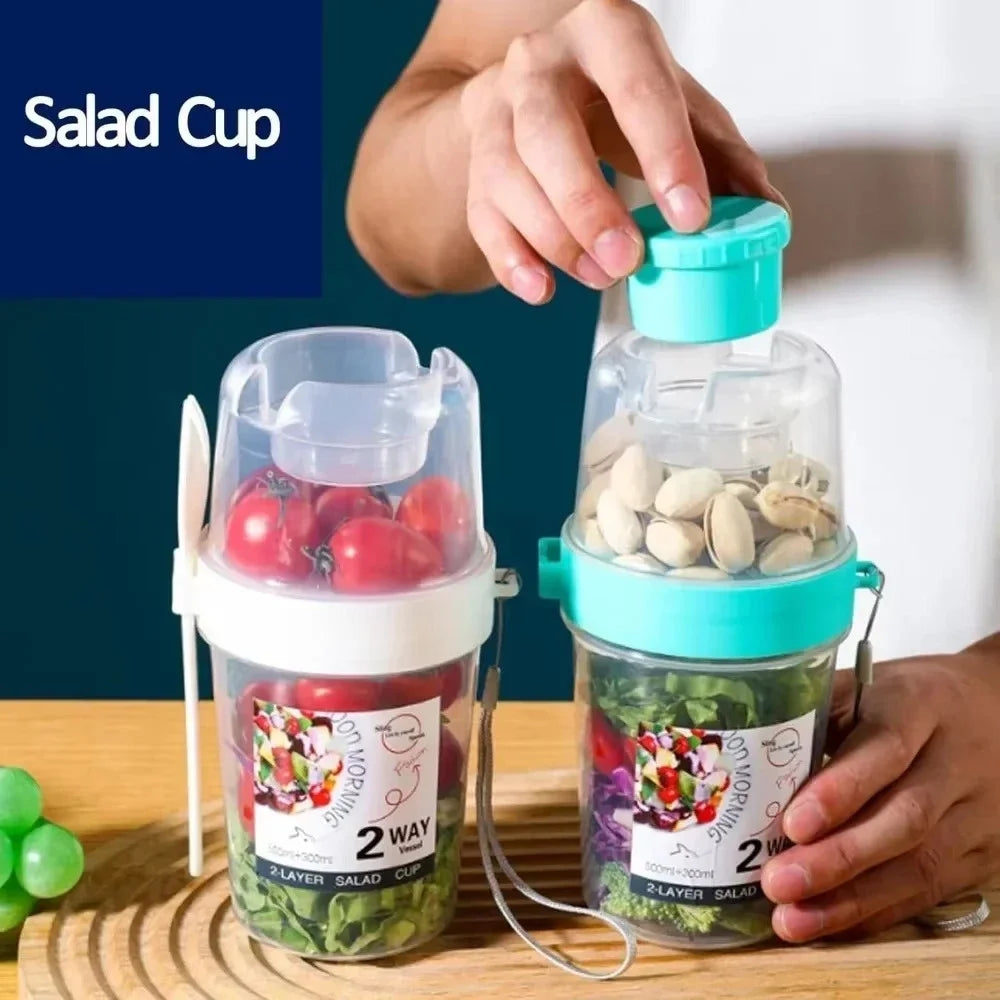 Portable Salad Double Layer Cup Fruits Oatmeal Yogurt Breakfast Lunch Box Food Storage Cup Outgoing Overnight Cup with Lid Spoon Qme