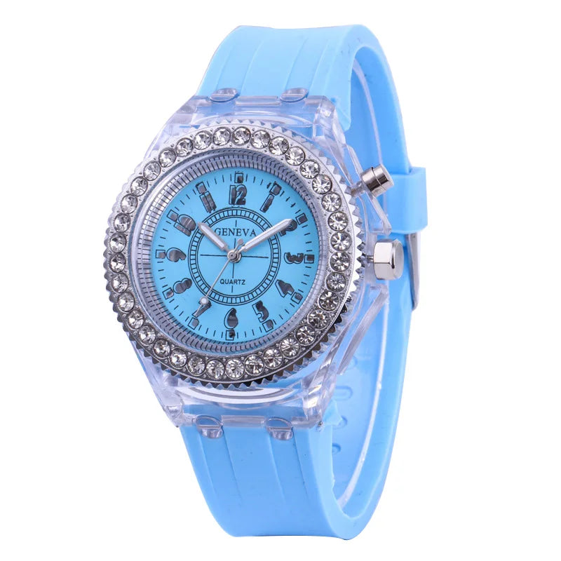 led Flash Luminous Watch Personality trends students lovers jellies woman men's watches 7 color light WristWatch bayan kol saati Qme light blue