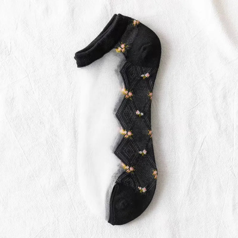 Women Fashion Summer Glass Stockings Thin Small Floral Card Silk Qme One Size black