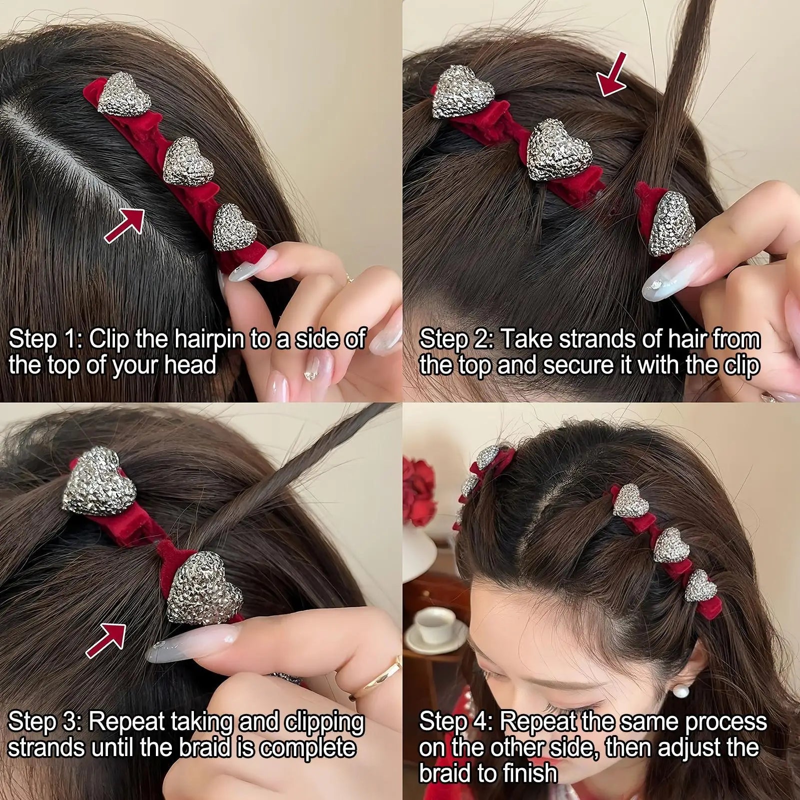 Heart-shaped Hair Clips Retro Braid Clip Crystal Stone Barrettes Qme