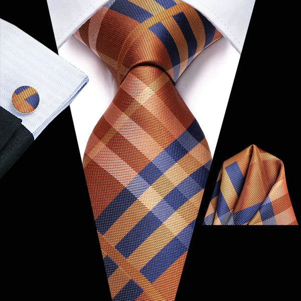 Extra Long Tie Set for Men, 3-Piece Wedding Accessories with Cufflinks & Pocket Handkerchief, Striped/Floral Design Qme DPTH-LDSN4004