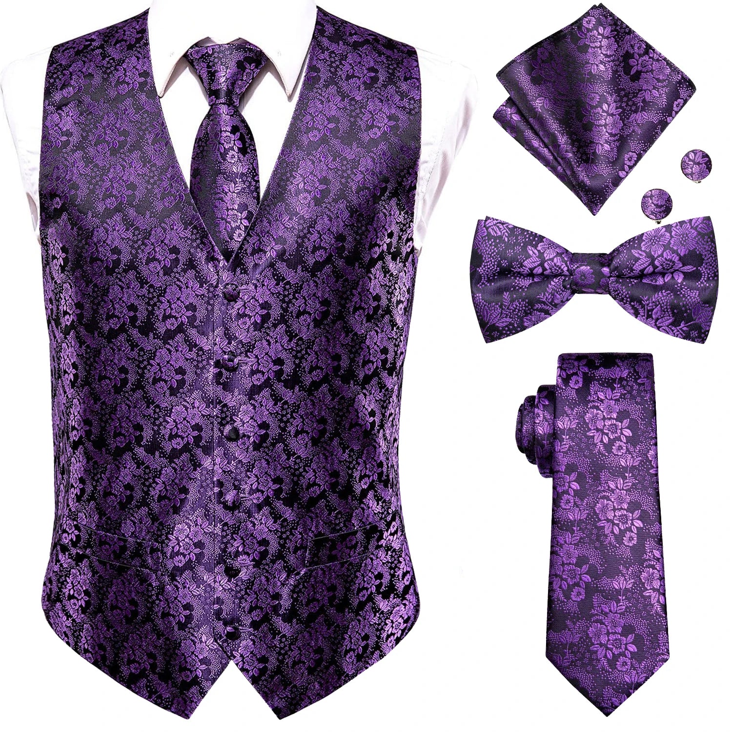 Hi-tie Mens Vests Red Blue Green Gold Waistcoat Tie Bowtie Hanky Qme