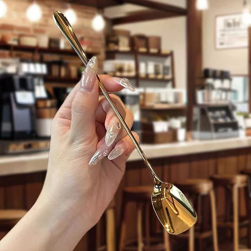 Stainless Steel Long Handle Round Spoon Golden Dinner Stirring Qme