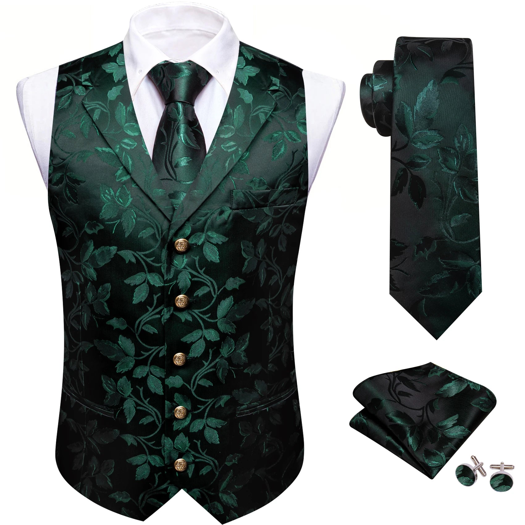 Men's Jacquard Waistcoat Half Notch Lapel Vest Necktie Pocket Square Cufflinks Set Formal Wedding Party Prom Business Suit Vests Qme BW-MJTZ2020 S