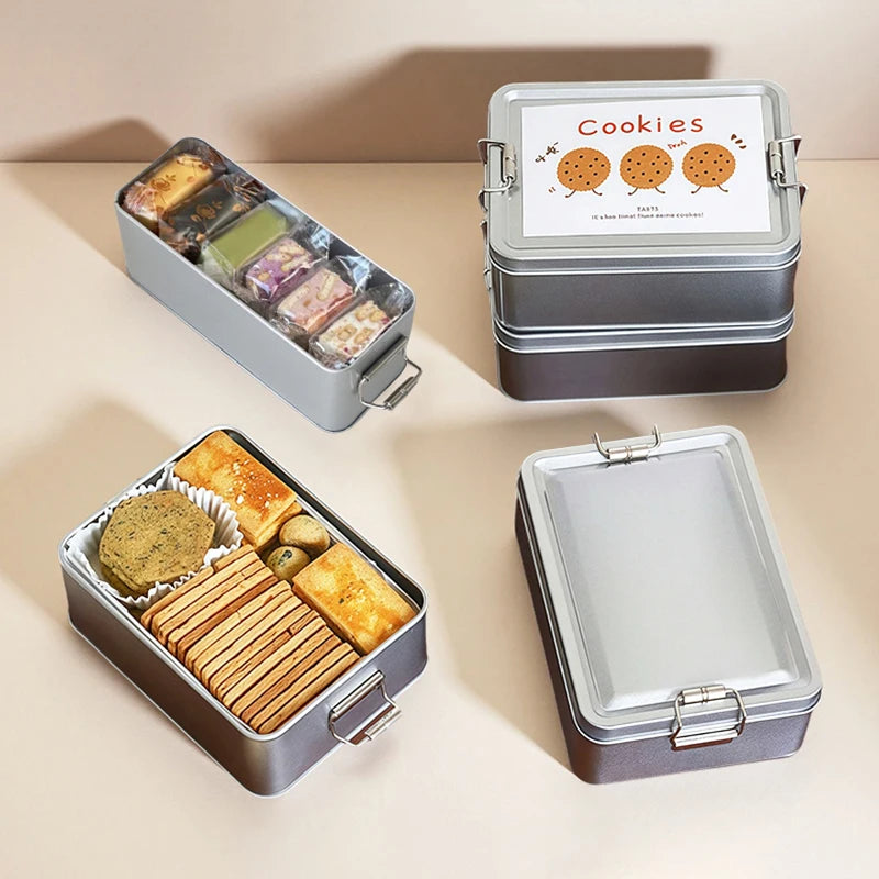 Rectangular Tinplate Cookie Tins Box Lid Dustproof Home Kitchen Qme