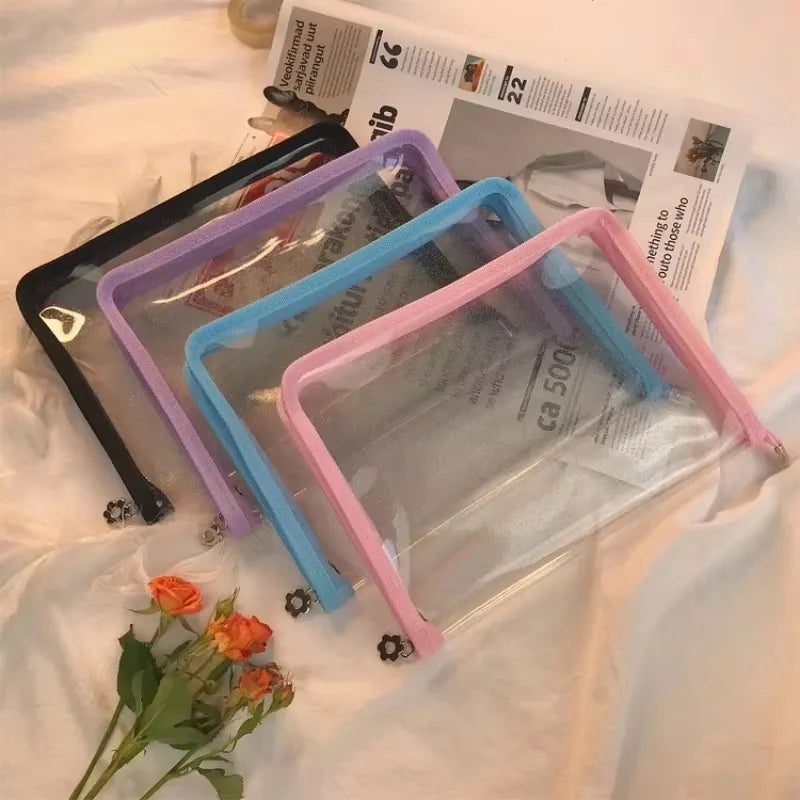 A5 Transparent Glitter PVC File Bag Student Stationery Storage Ins Color Wrapped Zipper Bag Simple Plastic Material Storage Bag Qme