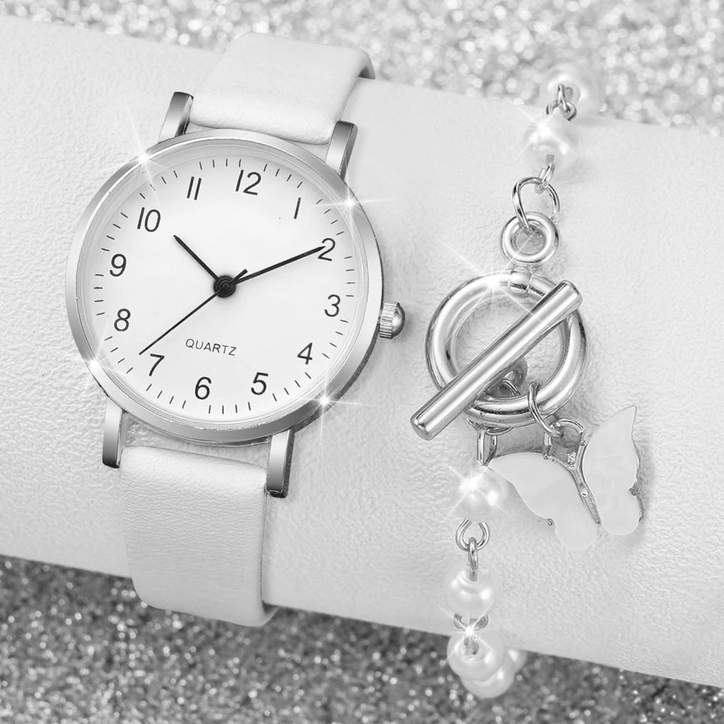Leather Bracelet Watch with Arabic Dial for Women, Quartz Watches, Pearls, Boxed Butterfly Bracelet, Fashion, 2 Pieces Per Set Qme