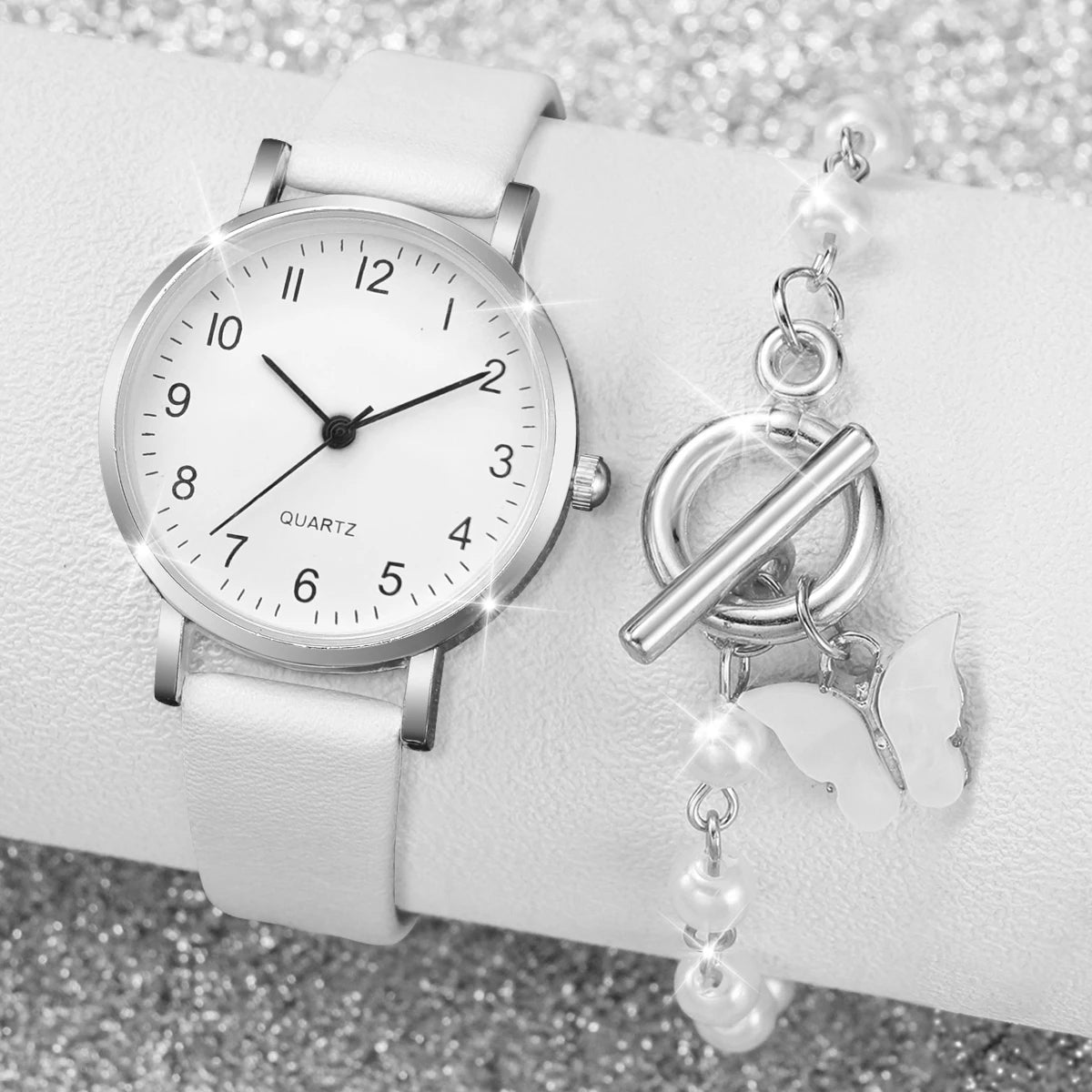 Leather Bracelet Watch with Arabic Dial for Women, Quartz Watches, Pearls, Boxed Butterfly Bracelet, Fashion, 2 Pieces Per Set Qme