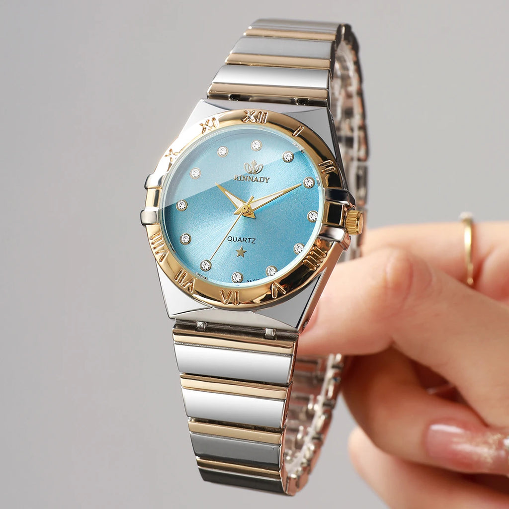 Elegant Women Two Tone Metal Band Quartz Watch Rhinestone Decor Light Blue Dial Casual Ladies Wrist Watch Gift Qme