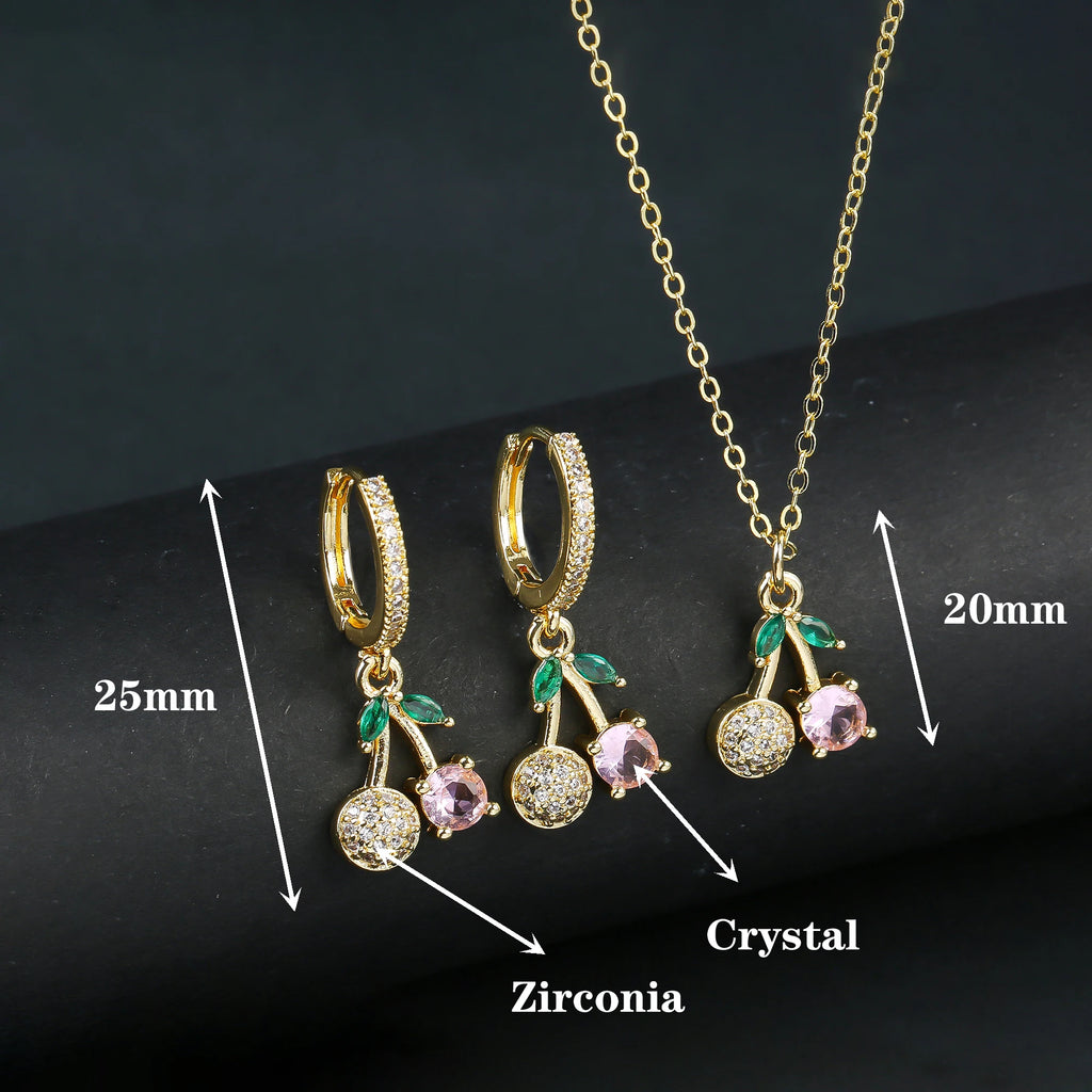 2pcs Hot Sale Fruit Cherry Strawberry Crystal Earrings Necklace Jewelry Set Lucky for Woman Shiny Zircon Party Gift Accessories Qme