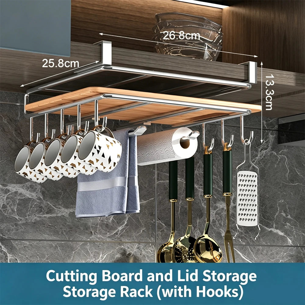 Kitchen Under Cabinet Hanging Organizer Rack with Hooks Multi-Purpose Holder for Paper Towel Cutting Board & Pot Lids Qme Silvery