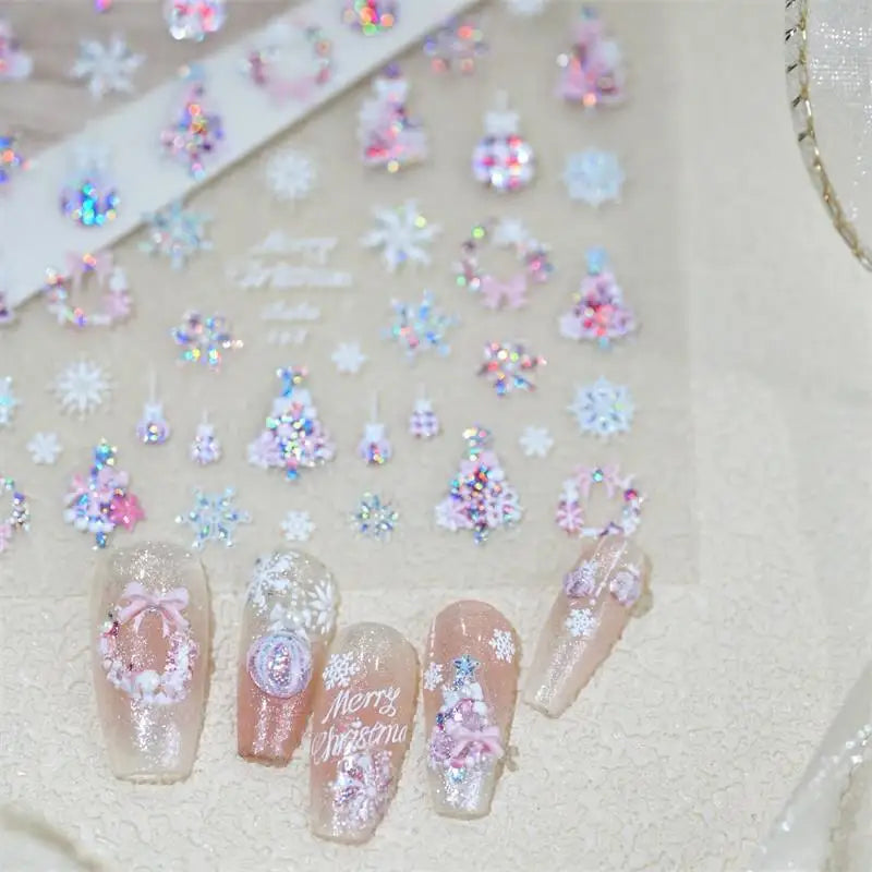 Cute Christmas Bow Colorful Snowflake Tree Nail Art Stickers Girly Qme