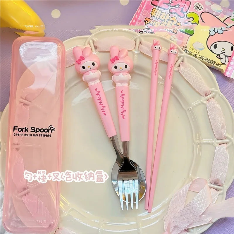 Hello Kitty Cartoon Children's Tableware Spoon Portable Two-Piece Set for Students Stainless Steel Fork and Spoon Set Qme 7