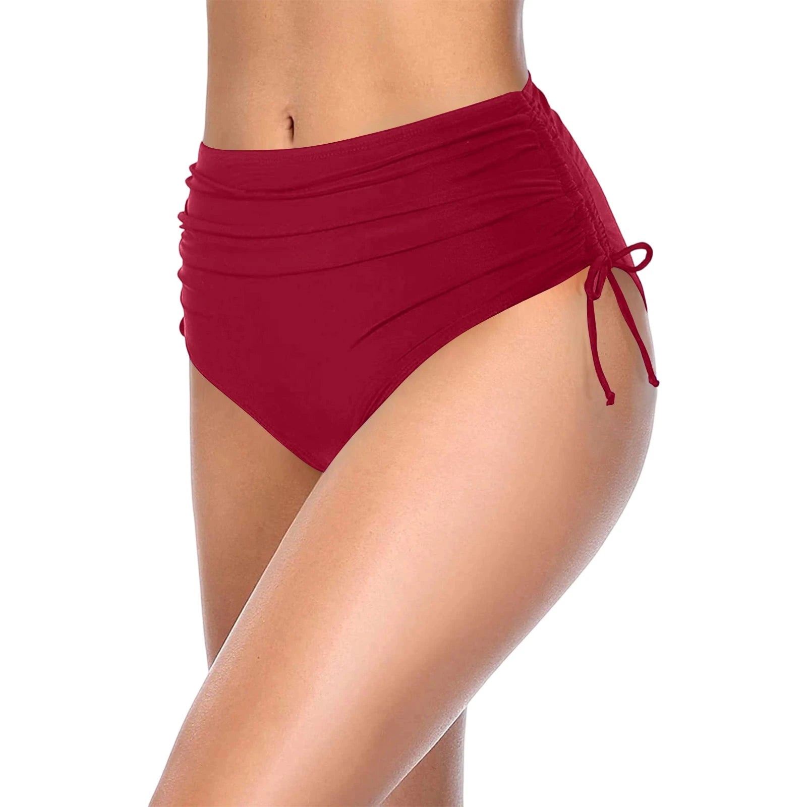 Basic Tight Swimming Bottoms for Female Solid Color High Waist Full Coverage Bikini Split Swimsuit Briefs Beach Drawstring Trunk Qme Wine XL